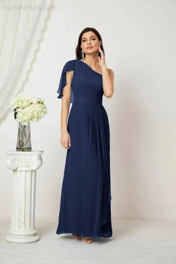 Numbersea  Chiffon Ruffled One Shoulder Long Bridesmaid Dresses A-line Formal Evening Gown Side Split 2809 - Image 52