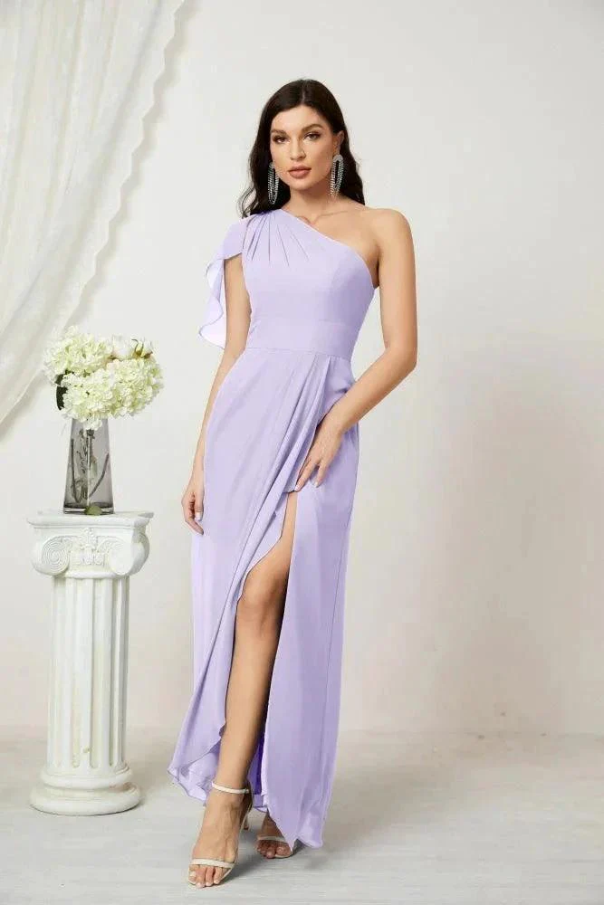Numbersea  Chiffon Ruffled One Shoulder Long Bridesmaid Dresses A-line Formal Evening Gown Side Split 2809 - Image 53