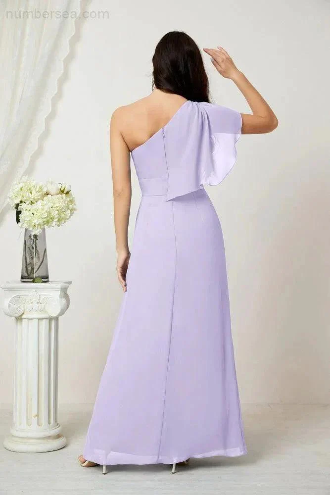 Numbersea  Chiffon Ruffled One Shoulder Long Bridesmaid Dresses A-line Formal Evening Gown Side Split 2809 - Image 54