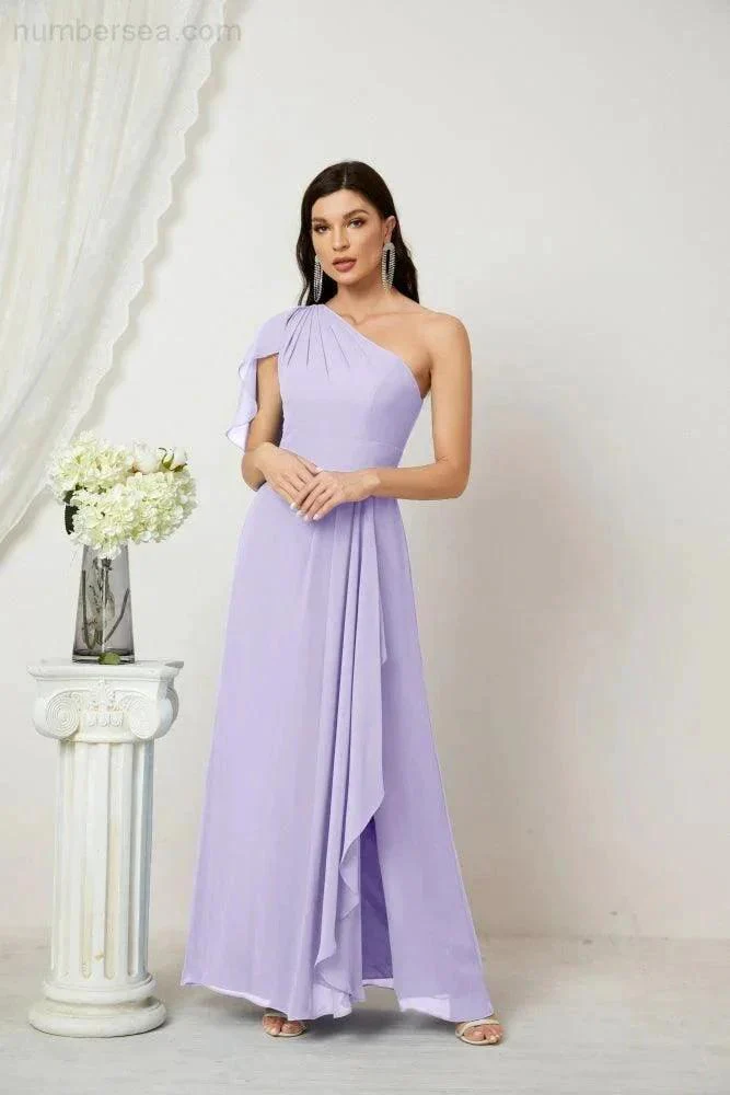 Numbersea  Chiffon Ruffled One Shoulder Long Bridesmaid Dresses A-line Formal Evening Gown Side Split 2809 - Image 55