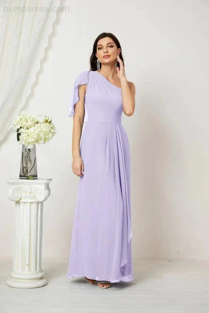 Numbersea  Chiffon Ruffled One Shoulder Long Bridesmaid Dresses A-line Formal Evening Gown Side Split 2809 - Image 56