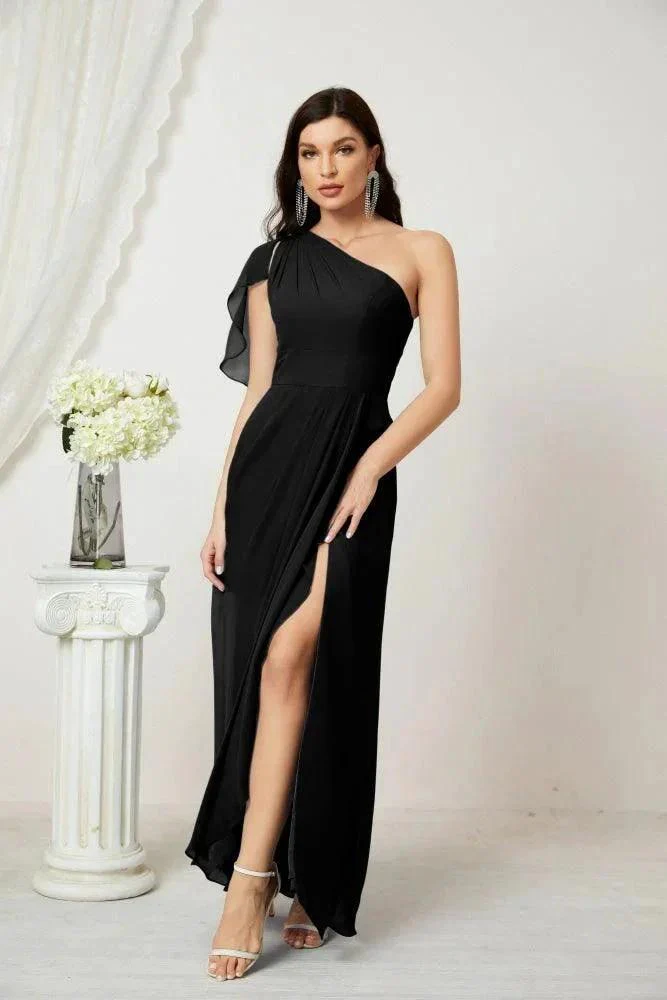 Numbersea  Chiffon Ruffled One Shoulder Long Bridesmaid Dresses A-line Formal Evening Gown Side Split 2809 - Image 57