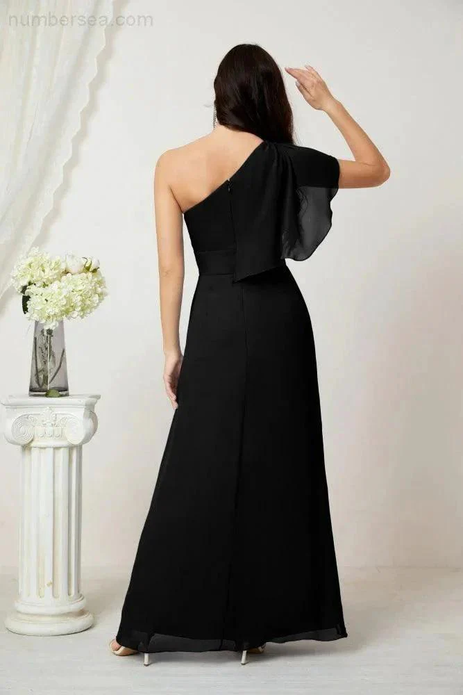Numbersea  Chiffon Ruffled One Shoulder Long Bridesmaid Dresses A-line Formal Evening Gown Side Split 2809 - Image 58