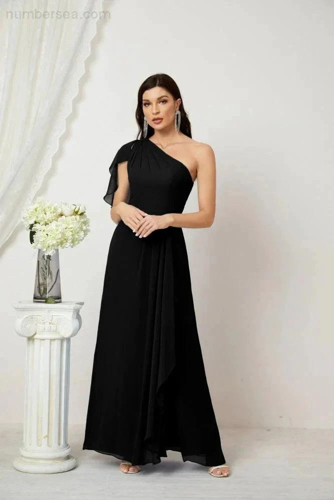 Numbersea  Chiffon Ruffled One Shoulder Long Bridesmaid Dresses A-line Formal Evening Gown Side Split 2809 - Image 59