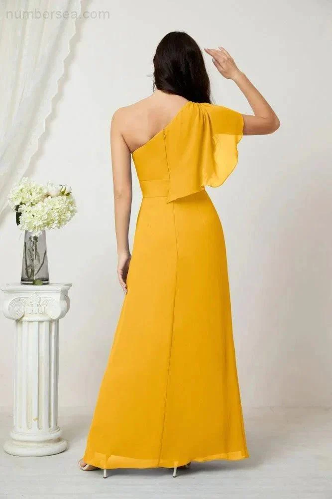 Numbersea  Chiffon Ruffled One Shoulder Long Bridesmaid Dresses A-line Formal Evening Gown Side Split 2809 - Image 6