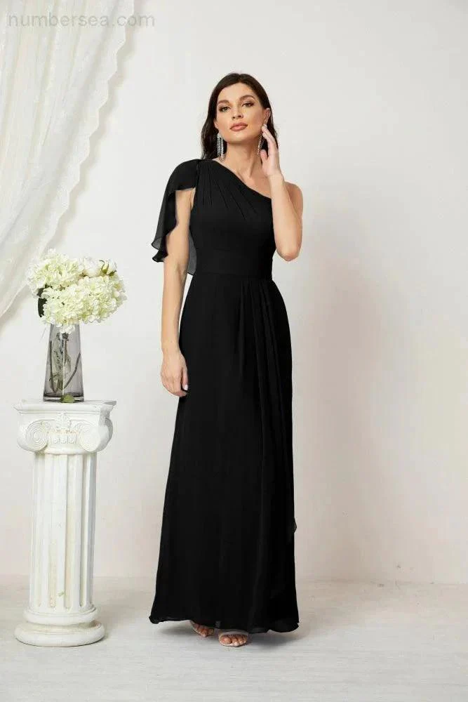 Numbersea  Chiffon Ruffled One Shoulder Long Bridesmaid Dresses A-line Formal Evening Gown Side Split 2809 - Image 60