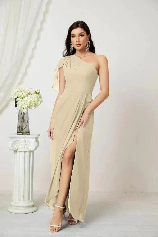 Numbersea  Chiffon Ruffled One Shoulder Long Bridesmaid Dresses A-line Formal Evening Gown Side Split 2809 - Image 61