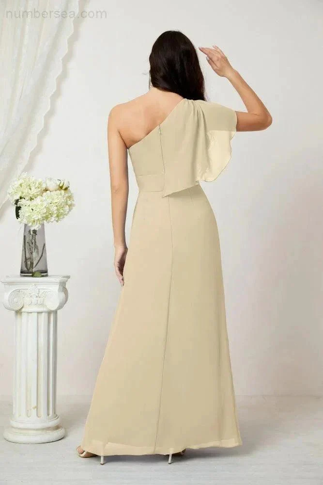 Numbersea  Chiffon Ruffled One Shoulder Long Bridesmaid Dresses A-line Formal Evening Gown Side Split 2809 - Image 62