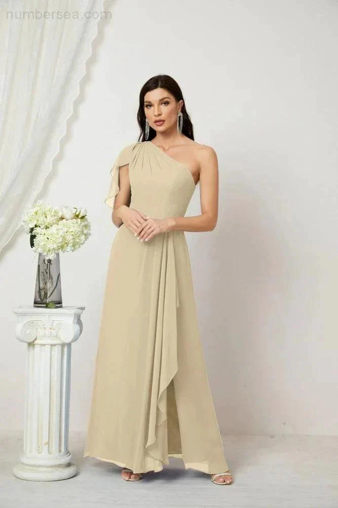 Numbersea  Chiffon Ruffled One Shoulder Long Bridesmaid Dresses A-line Formal Evening Gown Side Split 2809 - Image 63