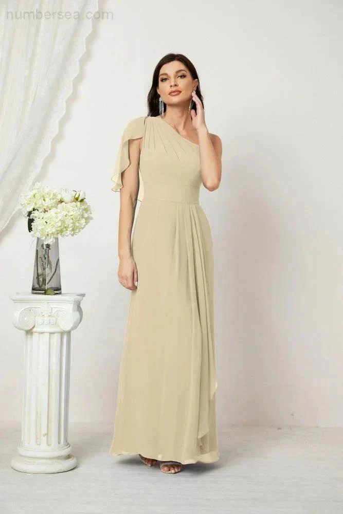 Numbersea  Chiffon Ruffled One Shoulder Long Bridesmaid Dresses A-line Formal Evening Gown Side Split 2809 - Image 64