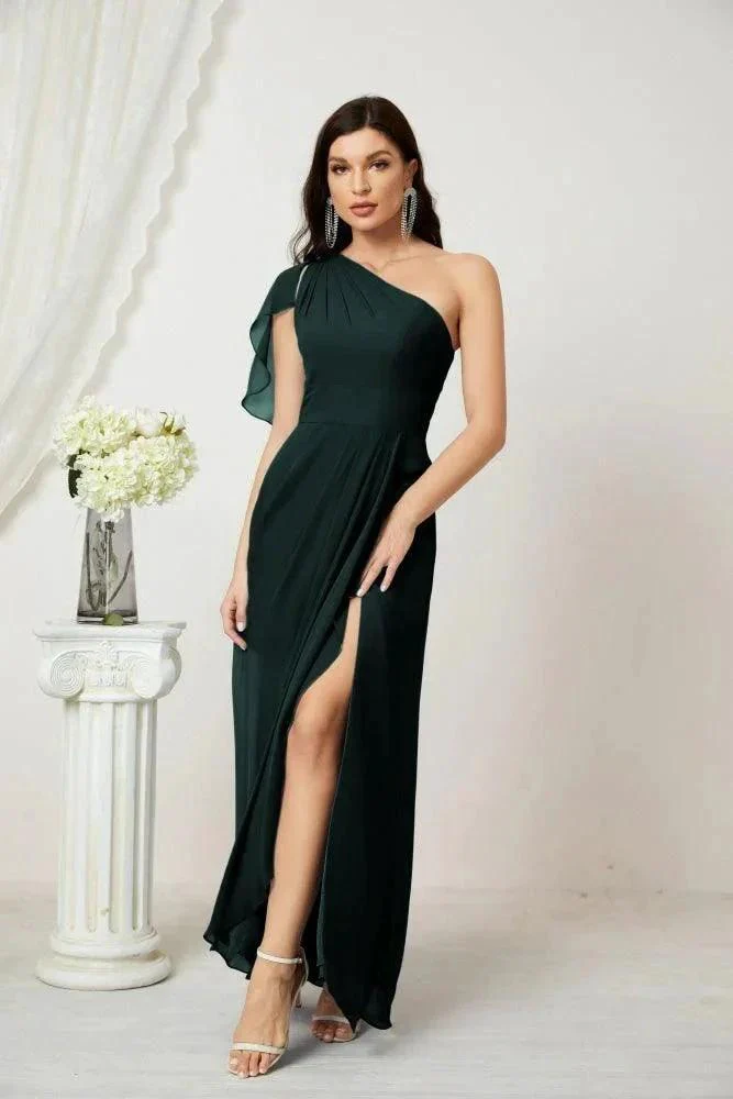 Numbersea  Chiffon Ruffled One Shoulder Long Bridesmaid Dresses A-line Formal Evening Gown Side Split 2809 - Image 65