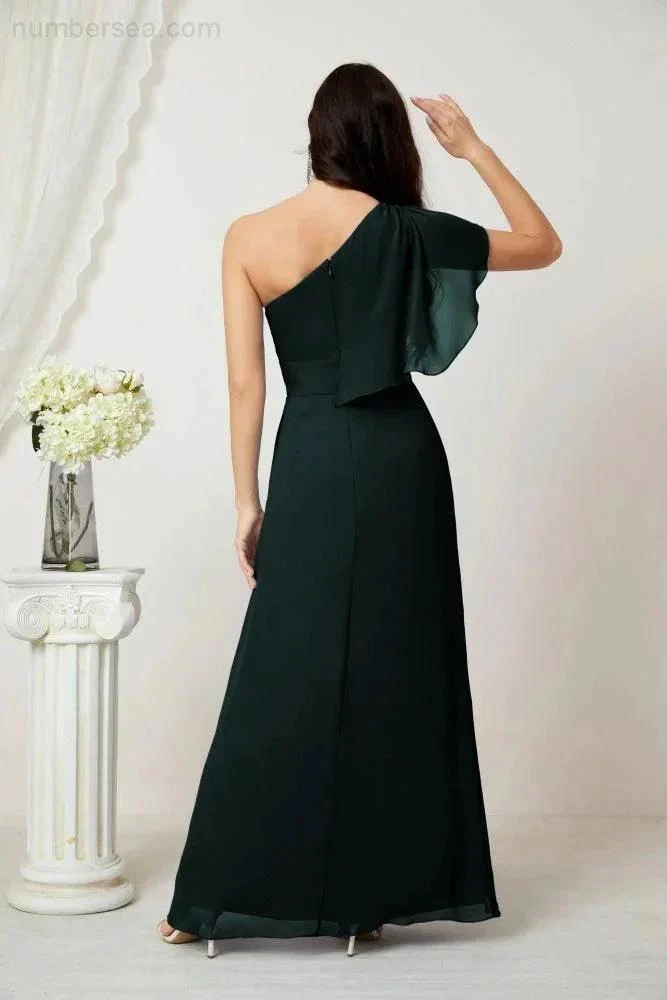 Numbersea  Chiffon Ruffled One Shoulder Long Bridesmaid Dresses A-line Formal Evening Gown Side Split 2809 - Image 66