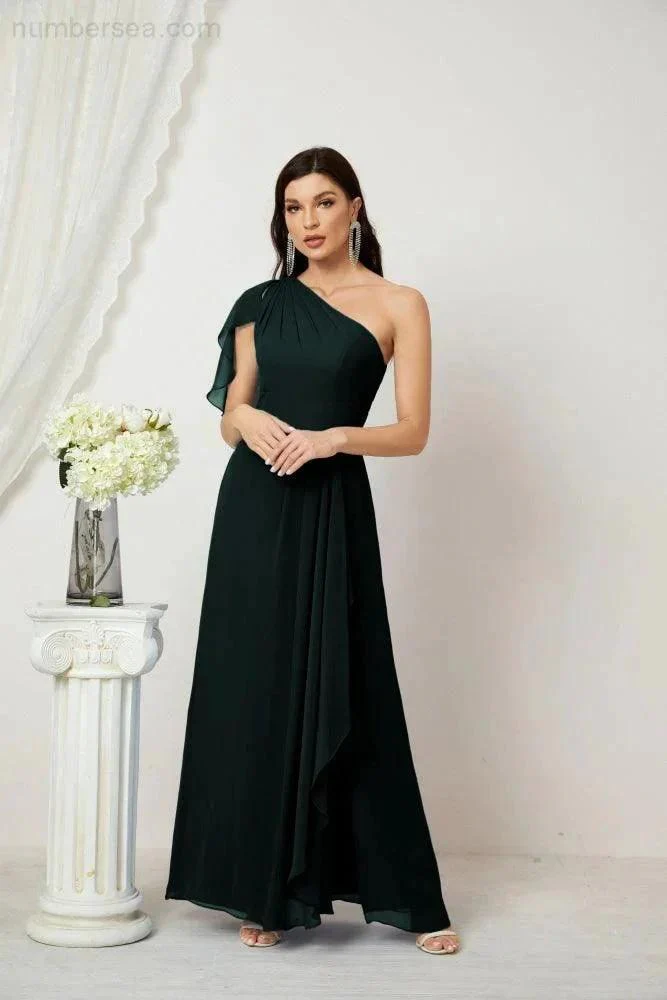 Numbersea  Chiffon Ruffled One Shoulder Long Bridesmaid Dresses A-line Formal Evening Gown Side Split 2809 - Image 67