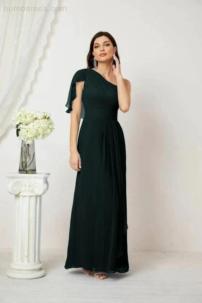 Numbersea  Chiffon Ruffled One Shoulder Long Bridesmaid Dresses A-line Formal Evening Gown Side Split 2809 - Image 68