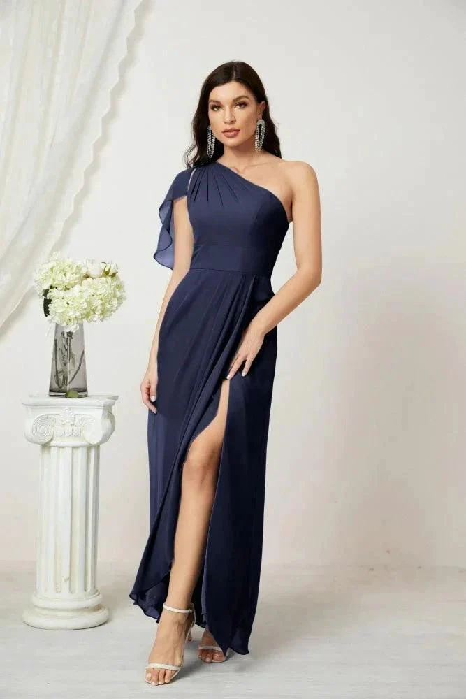 Numbersea  Chiffon Ruffled One Shoulder Long Bridesmaid Dresses A-line Formal Evening Gown Side Split 2809 - Image 69