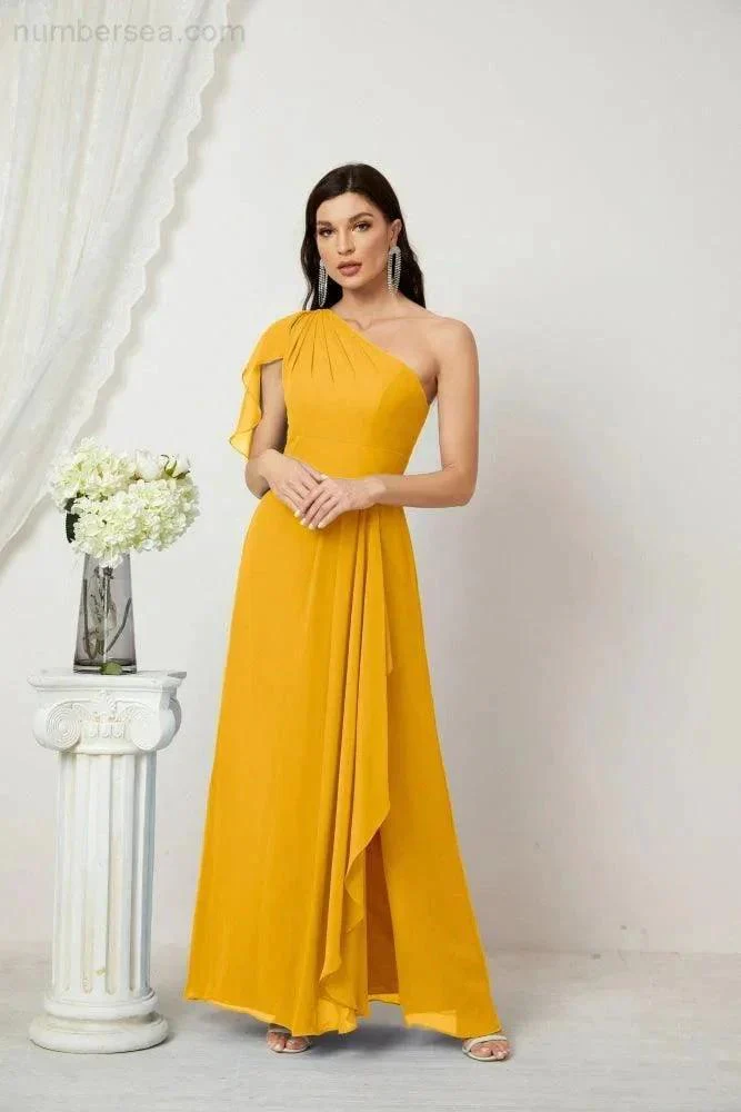 Numbersea  Chiffon Ruffled One Shoulder Long Bridesmaid Dresses A-line Formal Evening Gown Side Split 2809 - Image 7