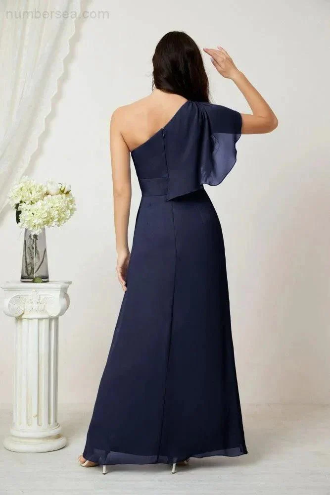 Numbersea  Chiffon Ruffled One Shoulder Long Bridesmaid Dresses A-line Formal Evening Gown Side Split 2809 - Image 70