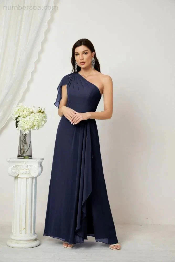 Numbersea  Chiffon Ruffled One Shoulder Long Bridesmaid Dresses A-line Formal Evening Gown Side Split 2809 - Image 71