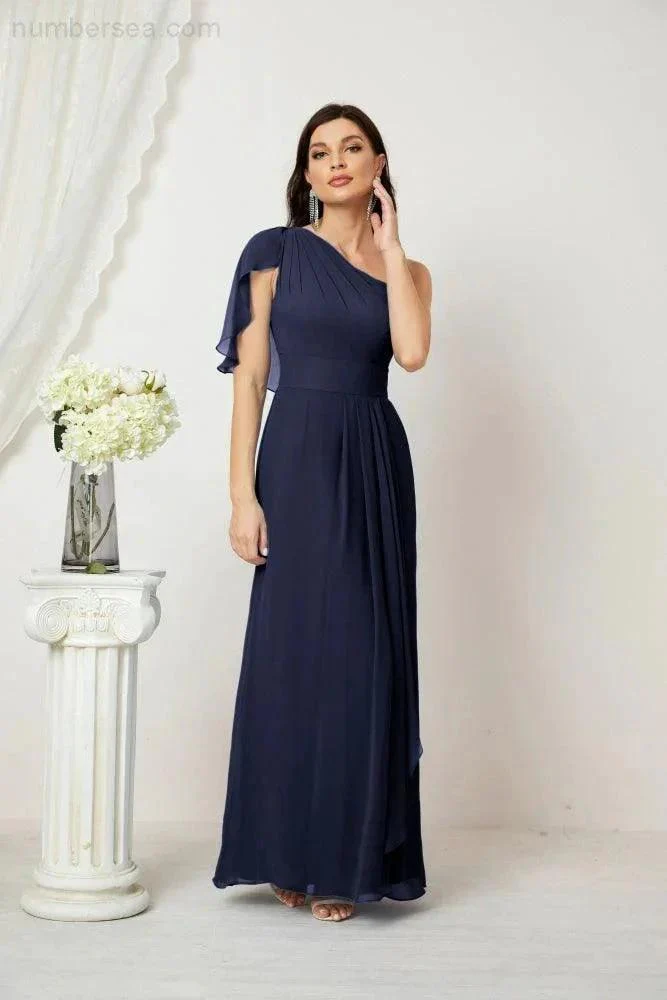 Numbersea  Chiffon Ruffled One Shoulder Long Bridesmaid Dresses A-line Formal Evening Gown Side Split 2809 - Image 72
