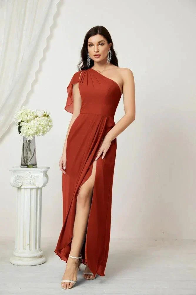 Numbersea  Chiffon Ruffled One Shoulder Long Bridesmaid Dresses A-line Formal Evening Gown Side Split 2809 - Image 73
