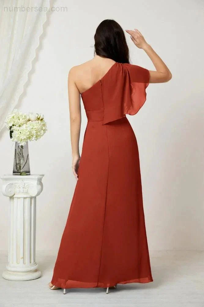 Numbersea  Chiffon Ruffled One Shoulder Long Bridesmaid Dresses A-line Formal Evening Gown Side Split 2809 - Image 74