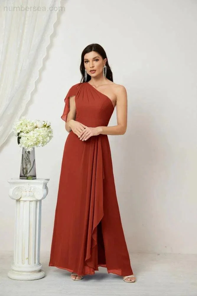Numbersea  Chiffon Ruffled One Shoulder Long Bridesmaid Dresses A-line Formal Evening Gown Side Split 2809 - Image 75