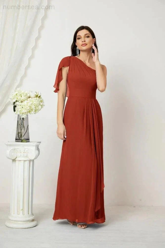 Numbersea  Chiffon Ruffled One Shoulder Long Bridesmaid Dresses A-line Formal Evening Gown Side Split 2809 - Image 76