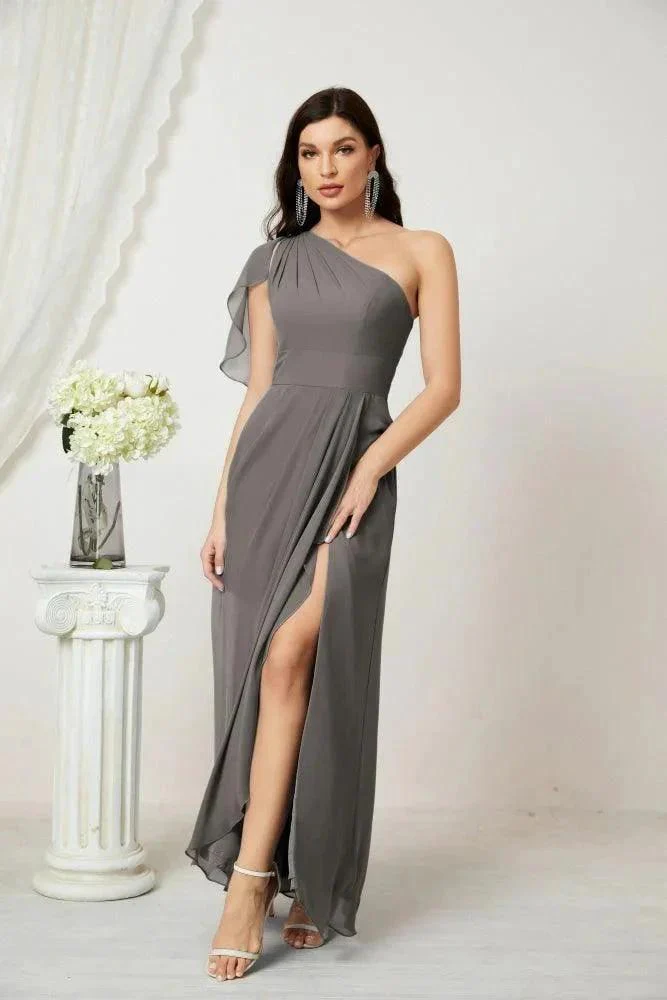 Numbersea  Chiffon Ruffled One Shoulder Long Bridesmaid Dresses A-line Formal Evening Gown Side Split 2809 - Image 77