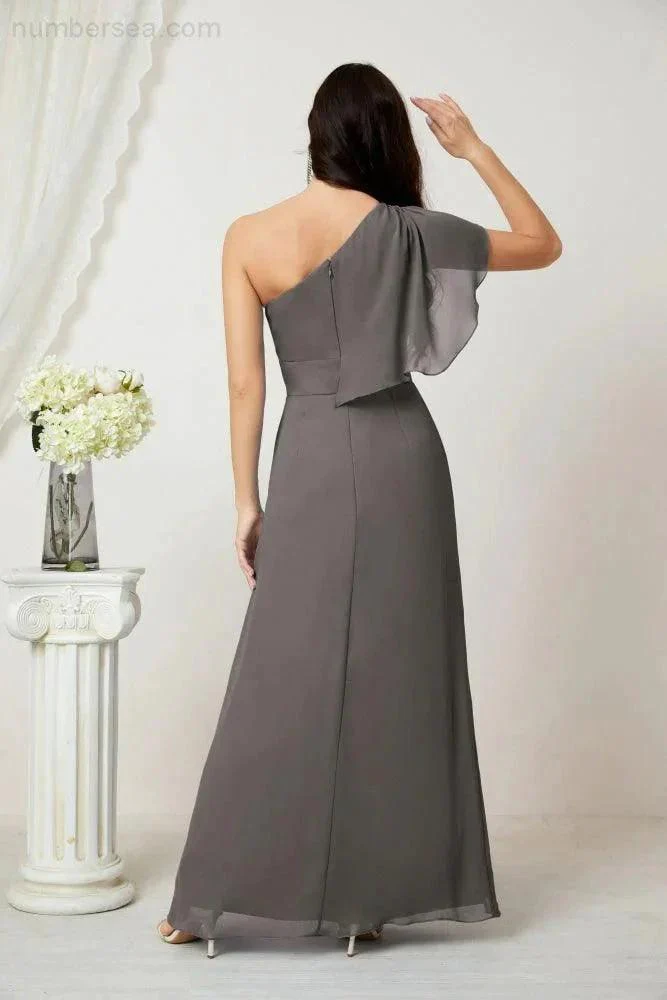 Numbersea  Chiffon Ruffled One Shoulder Long Bridesmaid Dresses A-line Formal Evening Gown Side Split 2809 - Image 78