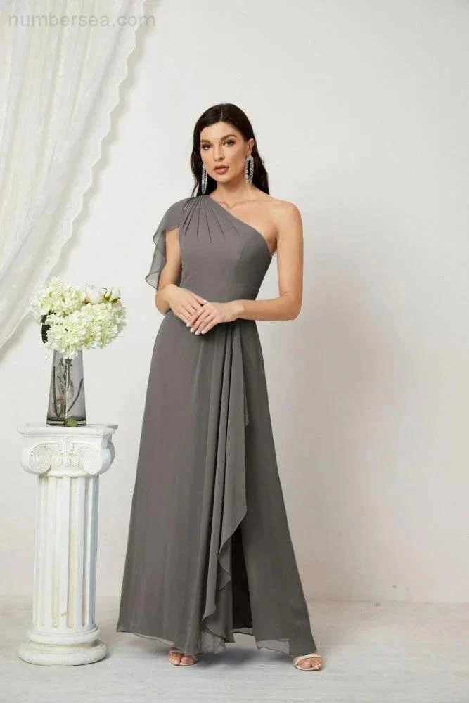 Numbersea  Chiffon Ruffled One Shoulder Long Bridesmaid Dresses A-line Formal Evening Gown Side Split 2809 - Image 79