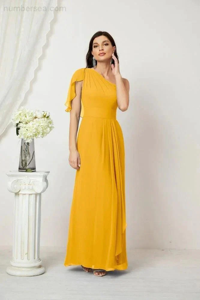 Numbersea  Chiffon Ruffled One Shoulder Long Bridesmaid Dresses A-line Formal Evening Gown Side Split 2809 - Image 8