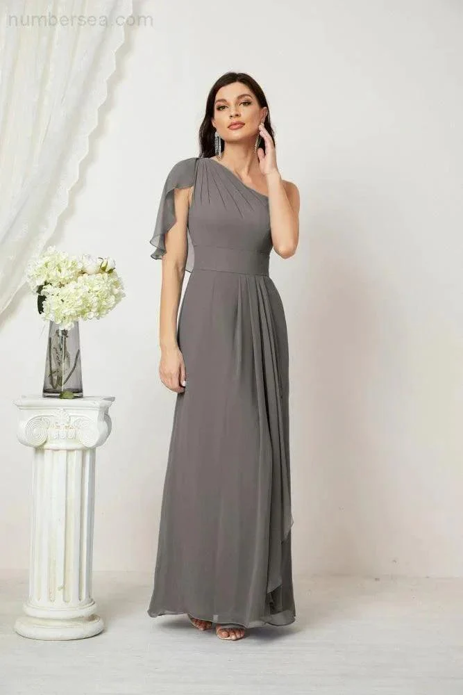 Numbersea  Chiffon Ruffled One Shoulder Long Bridesmaid Dresses A-line Formal Evening Gown Side Split 2809 - Image 80
