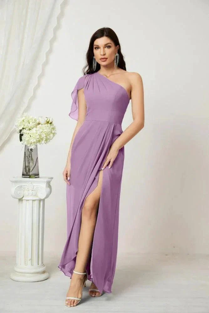 Numbersea  Chiffon Ruffled One Shoulder Long Bridesmaid Dresses A-line Formal Evening Gown Side Split 2809 - Image 81