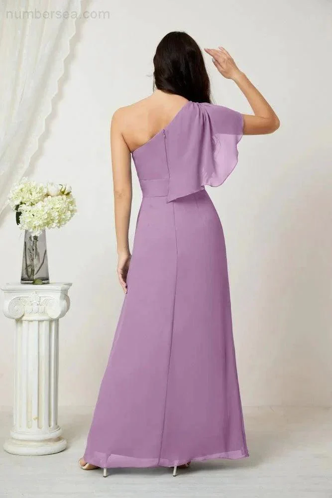 Numbersea  Chiffon Ruffled One Shoulder Long Bridesmaid Dresses A-line Formal Evening Gown Side Split 2809 - Image 82