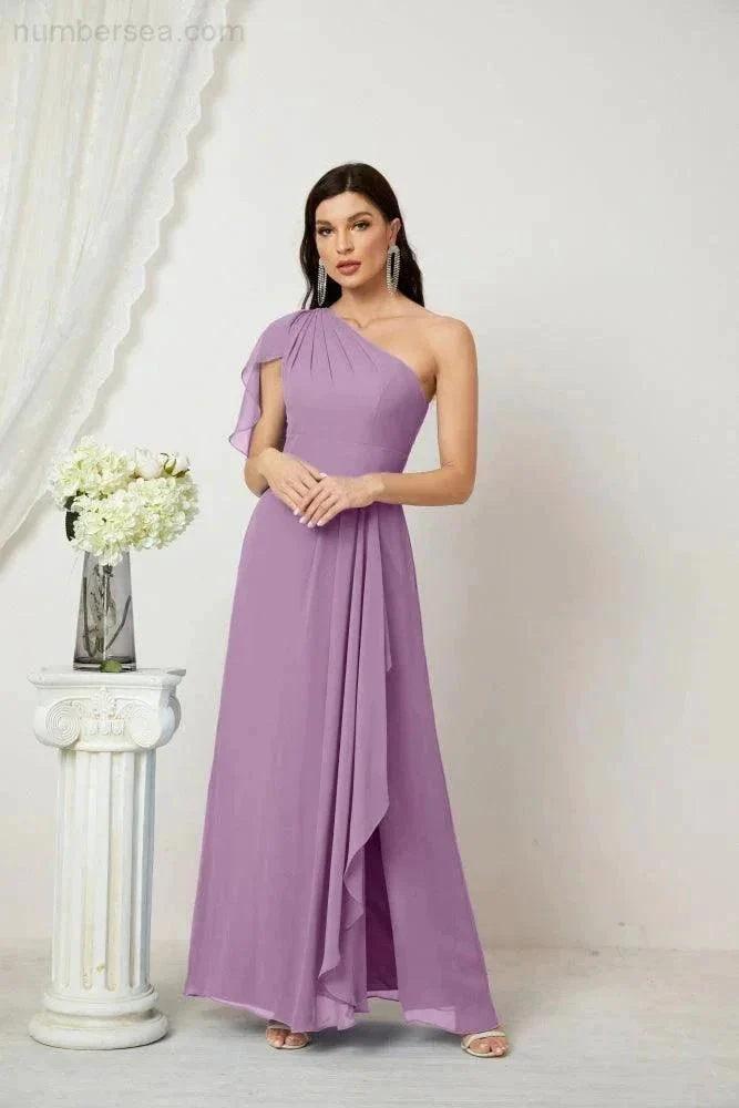 Numbersea  Chiffon Ruffled One Shoulder Long Bridesmaid Dresses A-line Formal Evening Gown Side Split 2809 - Image 83