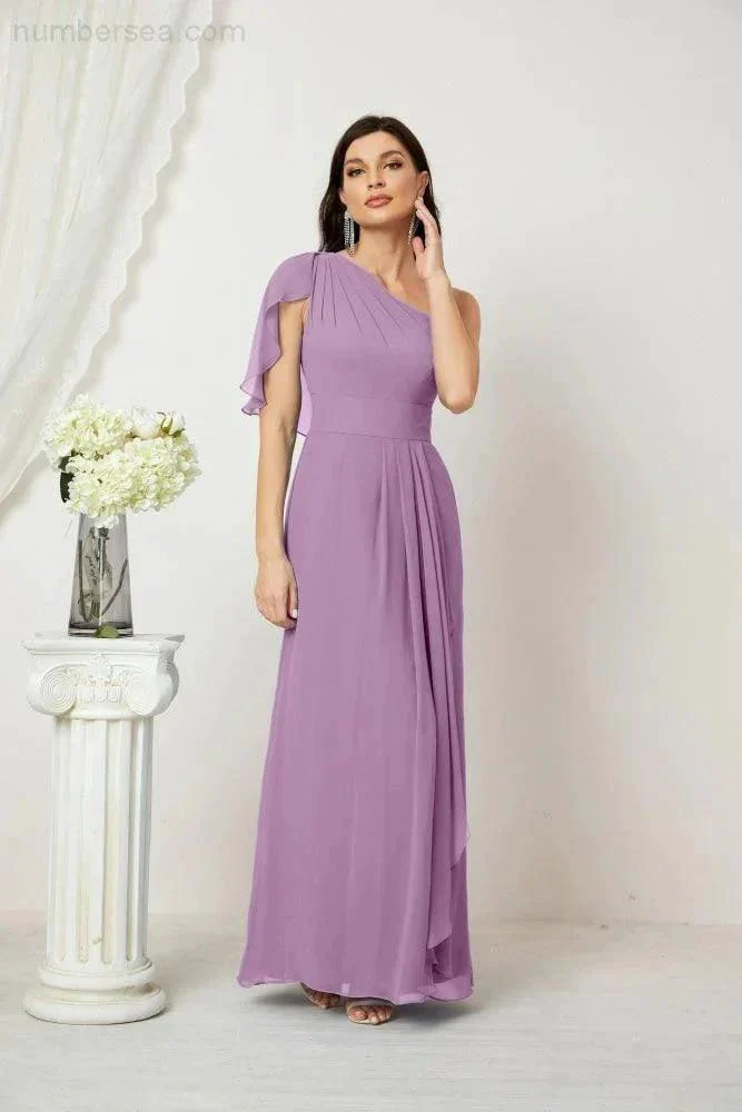 Numbersea  Chiffon Ruffled One Shoulder Long Bridesmaid Dresses A-line Formal Evening Gown Side Split 2809 - Image 84