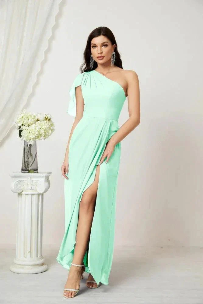 Numbersea  Chiffon Ruffled One Shoulder Long Bridesmaid Dresses A-line Formal Evening Gown Side Split 2809 - Image 85