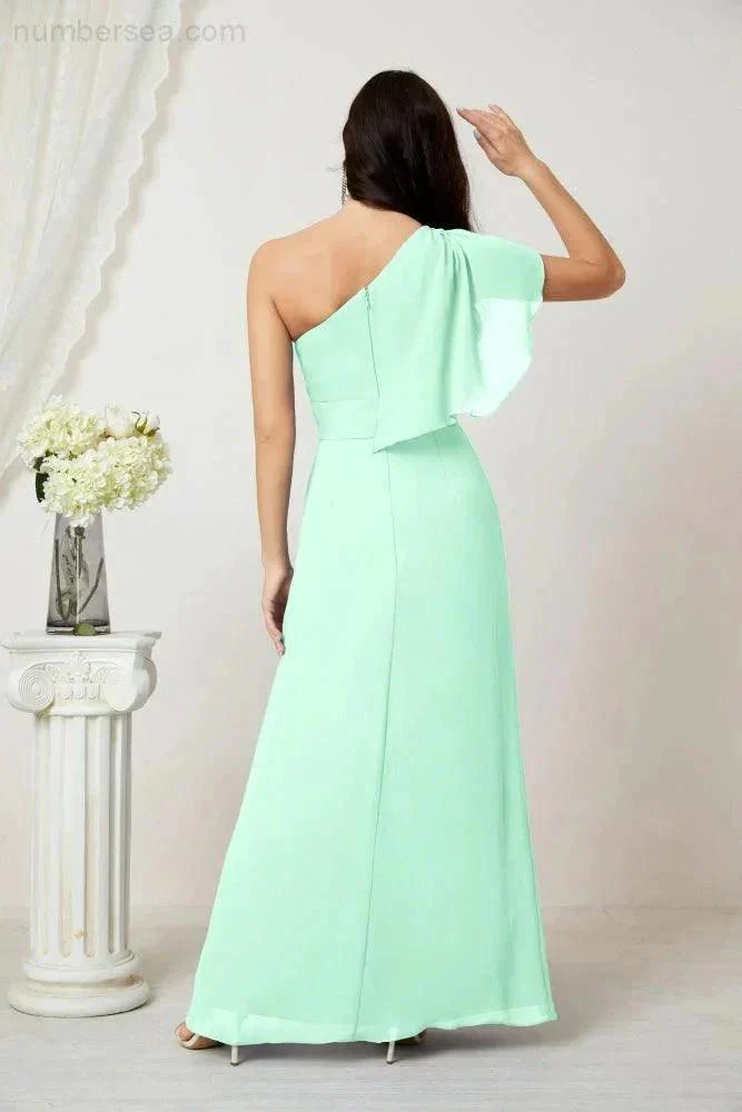 Numbersea  Chiffon Ruffled One Shoulder Long Bridesmaid Dresses A-line Formal Evening Gown Side Split 2809 - Image 86
