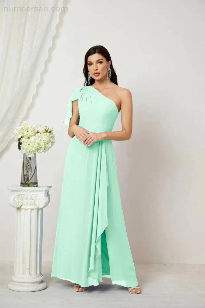 Numbersea  Chiffon Ruffled One Shoulder Long Bridesmaid Dresses A-line Formal Evening Gown Side Split 2809 - Image 87