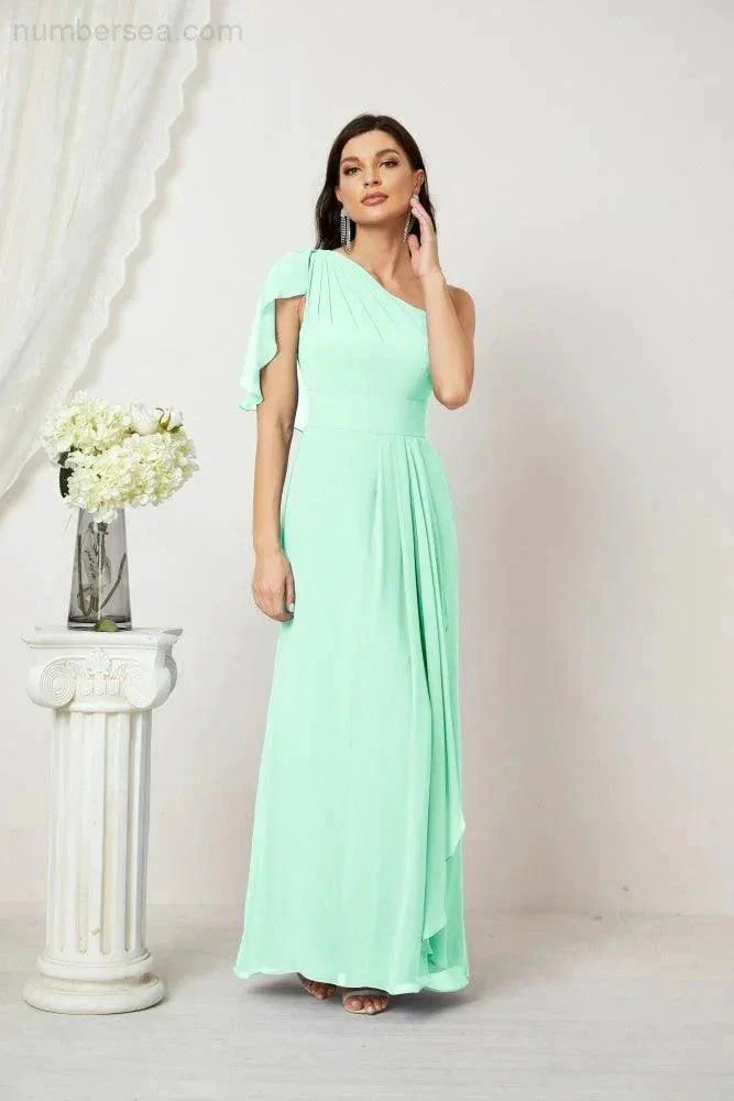 Numbersea  Chiffon Ruffled One Shoulder Long Bridesmaid Dresses A-line Formal Evening Gown Side Split 2809 - Image 88