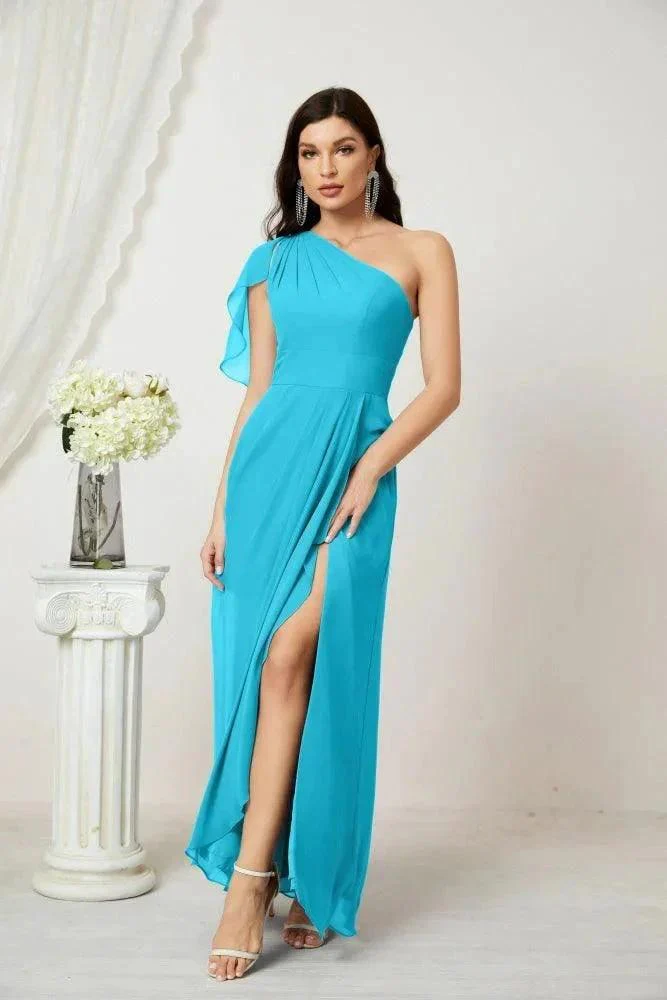 Numbersea  Chiffon Ruffled One Shoulder Long Bridesmaid Dresses A-line Formal Evening Gown Side Split 2809 - Image 89