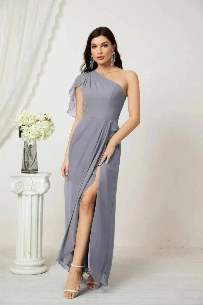 Numbersea  Chiffon Ruffled One Shoulder Long Bridesmaid Dresses A-line Formal Evening Gown Side Split 2809 - Image 9