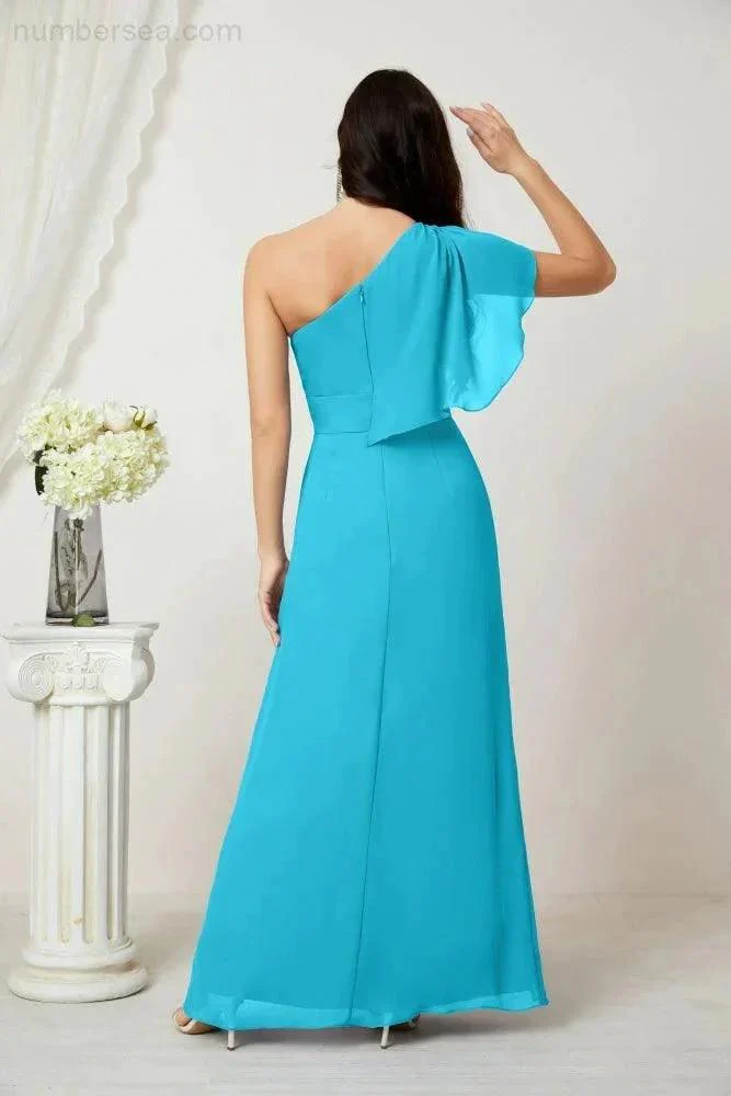 Numbersea  Chiffon Ruffled One Shoulder Long Bridesmaid Dresses A-line Formal Evening Gown Side Split 2809 - Image 90