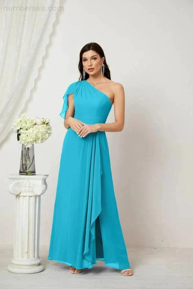 Numbersea  Chiffon Ruffled One Shoulder Long Bridesmaid Dresses A-line Formal Evening Gown Side Split 2809 - Image 91