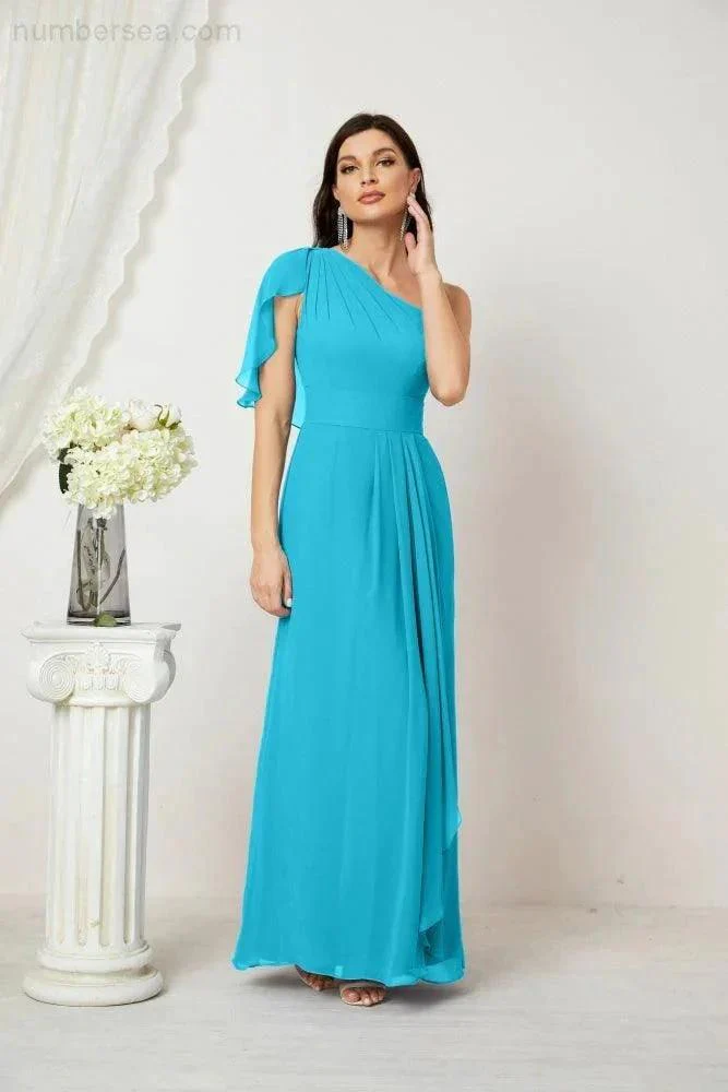 Numbersea  Chiffon Ruffled One Shoulder Long Bridesmaid Dresses A-line Formal Evening Gown Side Split 2809 - Image 92