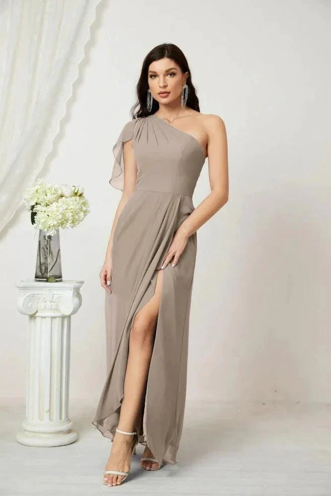 Numbersea  Chiffon Ruffled One Shoulder Long Bridesmaid Dresses A-line Formal Evening Gown Side Split 2809 - Image 93