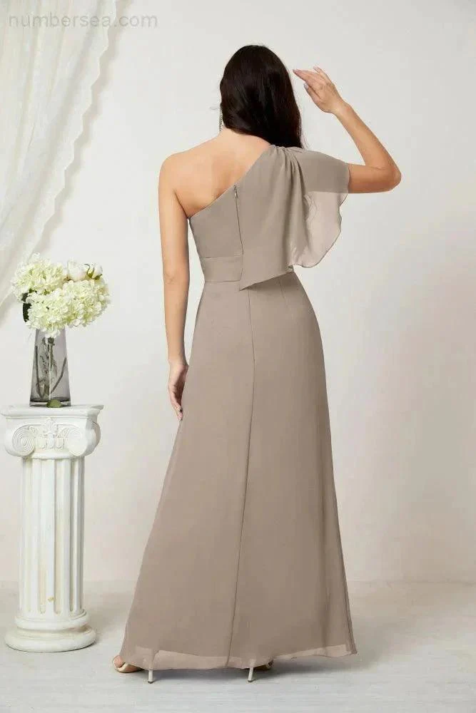Numbersea  Chiffon Ruffled One Shoulder Long Bridesmaid Dresses A-line Formal Evening Gown Side Split 2809 - Image 94