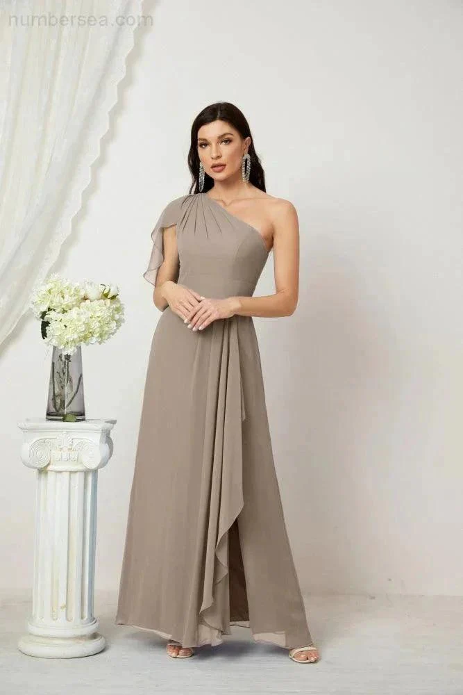 Numbersea  Chiffon Ruffled One Shoulder Long Bridesmaid Dresses A-line Formal Evening Gown Side Split 2809 - Image 95