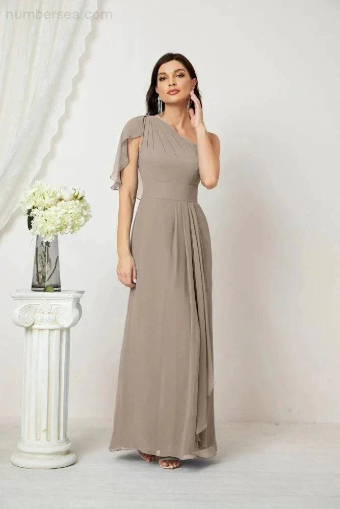 Numbersea  Chiffon Ruffled One Shoulder Long Bridesmaid Dresses A-line Formal Evening Gown Side Split 2809 - Image 96