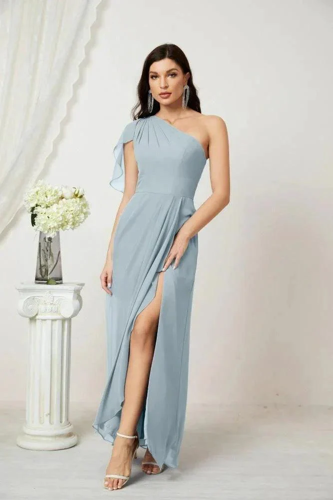 Numbersea  Chiffon Ruffled One Shoulder Long Bridesmaid Dresses A-line Formal Evening Gown Side Split 2809 - Image 97